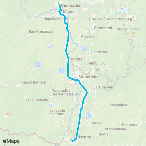VRN Mainz Hbf ↔︎ Karlsruhe Hbf map