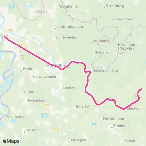 VRN Aglasterhausen  ↔︎ Heidelberg Hbf map