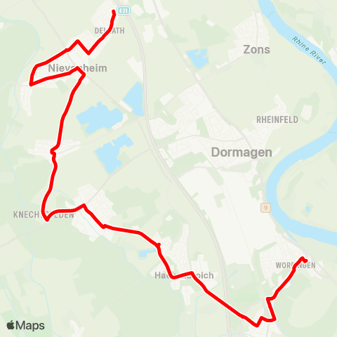 VRR Dormagen-Delrath - Dormagen - Hackenbroich - Köln-Worringen map