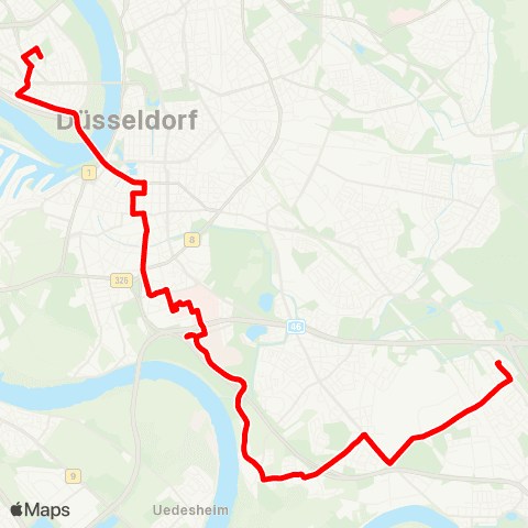 VRR D-In der Steele - D-Reisholz - Holthausen - Universität - D-Bilk - Rheinkniebrücke - D-Niederkassel , Comeniuspl. map
