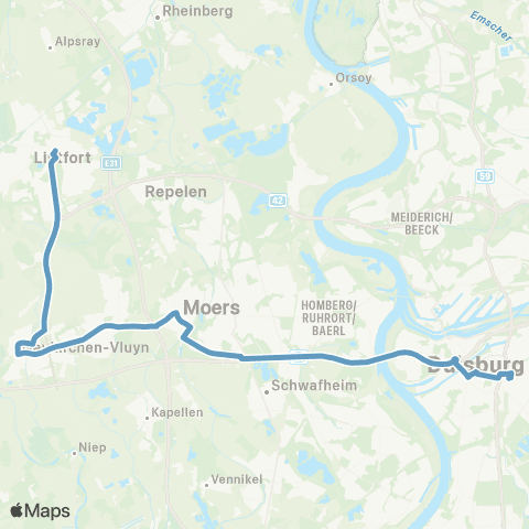VRR Kamp-Lintfort - Neukirchen-Vluyn - Moers-Hülsdonk - Duisburg Hbf map