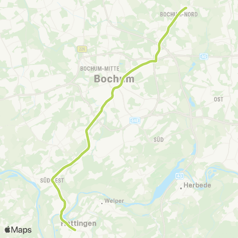 VRR Hattingen Mitte - BO-Linden - Weitmar - Bochum Hbf - Gerthe map