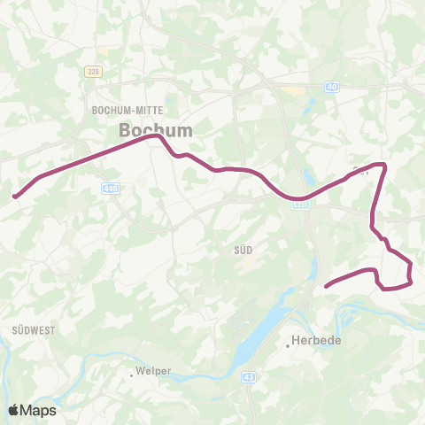 VRR BO-WAT-Höntrop - Bochum Hbf - Altenbochum - Laer - Langendreer - WIT-Papenholz - Rathaus - Heven map