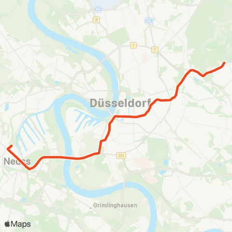 VRR D-Gerresheim, Krankenhaus - Grafenberg - Düsseldorf Hbf - NE-Stadthalle - Neuss Hbf - NE-Theodor-Heuss-Platz map