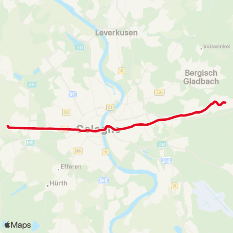 vrs Köln-Weiden West - Weiden Zentrum - Junkersdorf - Rheinenergie-Stadion - Braunsfeld - Rudolfplatz - Neumarkt - Bf Deutz / Messe - Kalk - Höhenberg - Merheim - Köln-Brück - Bergisch Gladbach-Lustheide - Refrath - Kippekausen - Frankenforst - Bergisch Gladbach-Bensberg map
