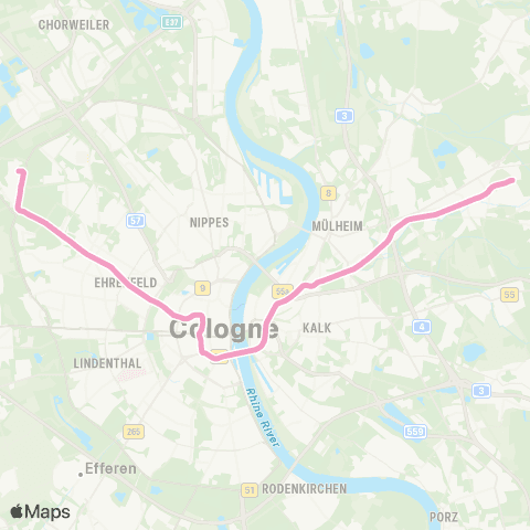 vrs Köln Görlinger Zentrum - Bocklemünd - Bickendorf - Bf Ehrenfeld - Friesenplatz - Neumarkt - Severinstr. - Bf Deutz / LANXESS arena S - Koelnmesse - Stegerwaldsiedlung - Buchforst - Buchheim - Holweide - Dellbrück - Köln Thielenbruch map