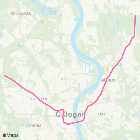 vrs Köln-Bocklemünd - Bickendorf - Bf Ehrenfeld - Friesenplatz - Neumarkt - Severinstr. - Bf Deutz / LANXESS arena S - Koelnmesse - Stegerwaldsiedlung - Mülheim Wiener Platz - Höhenhaus - Köln-Dünnwald - Schlebusch map