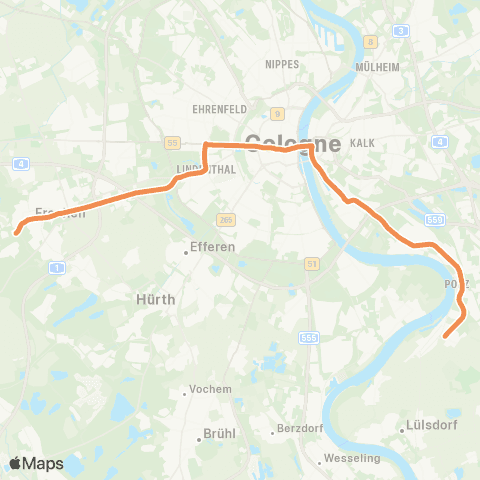 vrs Frechen-Benzelrath - Frechen Rathaus - Köln-Marsdorf - Lindenthal - Stadtwaldgürtel - Melaten - Rudolfplatz - Neumarkt - Heumarkt - Deutz - Siegburger Str. - Poll - Westhoven - Ensen - Porz - Köln-Zündorf map