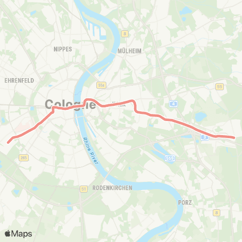 vrs Köln-Sülz - Universität - Zülpicher Platz - Neumarkt - Bf Deutz / Messe - Kalk - Vingst - Ostheim - Rath / Heumar - Köln-Königsforst map