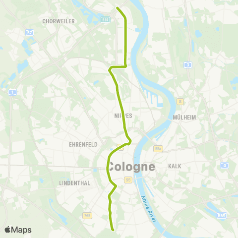 vrs Köln-Zollstock - Eifelstr. - Barbarossaplatz - Zülpicher Platz - Rudolfplatz - Friesenplatz - Hansaring - Ebertplatz - Nippes - Weidenpesch - Niehl Nord - Fordwerke - Köln-Merkenich map