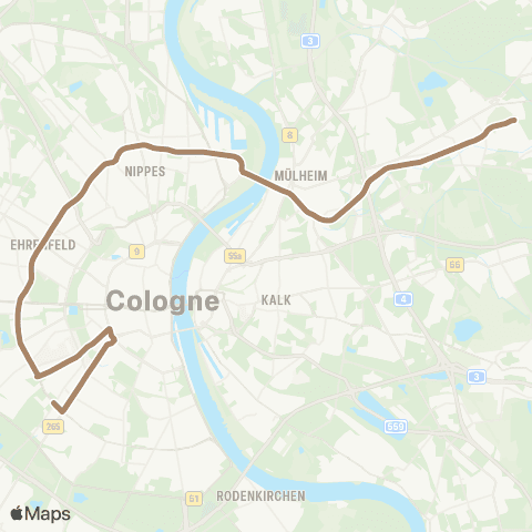 vrs Köln Sülzgürtel - Lindenthalgürtel - Stadtwaldgürtel - Melatengürtel - Ehrenfeldgürtel - Geldernstr. / Parkgürtel - Neusser Str. / Gürtel - Riehl - Mülheim Wiener Platz - Bf Mülheim - Buchheim - Holweide Vischeringstr. - Köln Thielenbruch map