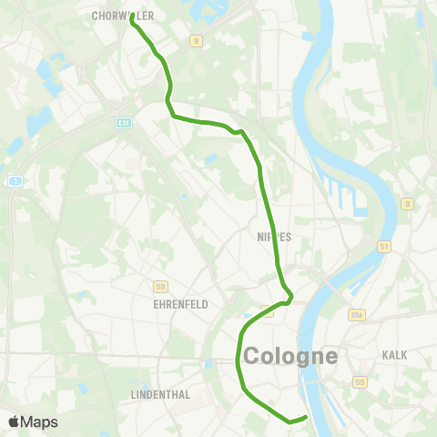 vrs Köln Ubierring - Chlodwigplatz - Barbarossaplatz - Zülpicher Platz - Rudolfplatz - Friesenplatz - Hansaring - Ebertplatz - Nippes - Weidenpesch - Longerich - Köln-Chorweiler map
