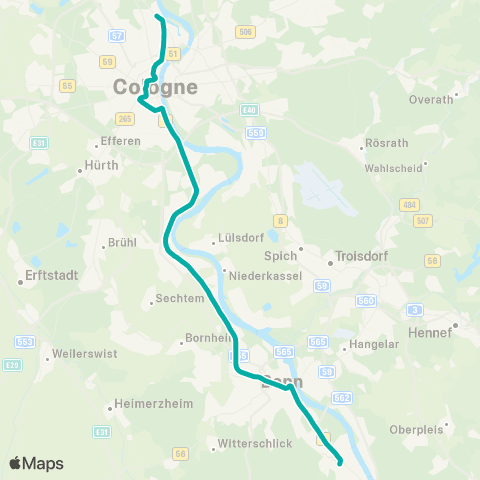 vrs Bonn-Bad Godesberg - Heussallee / Museumsmeile - Bonn Hbf - Tannenbusch - Bornheim-Hersel - Urfeld - Wesseling - Rodenkirchen - Ubierring - Chlodwigplatz - Barbarossaplatz - Neumarkt - Dom / Hbf - Ebertplatz - Kinderkrankenhaus - Amsterdamer Str. - Köln-Niehl Sebastianstr. map