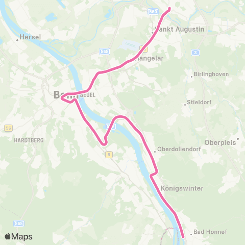 vrs Bad Honnef - Königswinter - Bonn-Oberkassel - Ramersdorf - Heussallee / Museumsmeile - Bonn Hbf - Beuel - Sankt Augustin - Siegburg Bf map