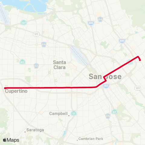 VTA De Anza Coll - Alum Rock via Stevens Crk map