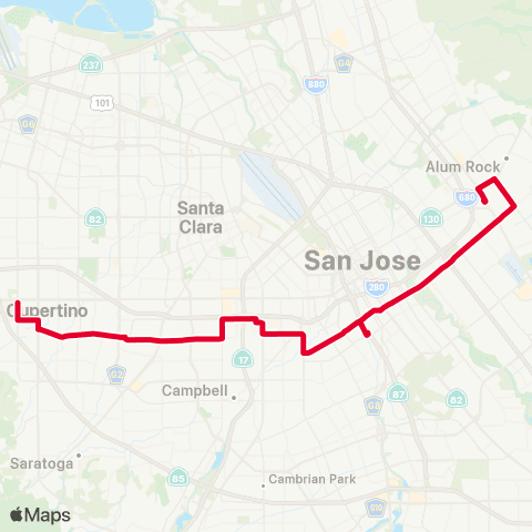 VTA De Anza Coll - Alum Rock via Valley Med map