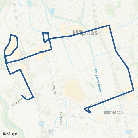 VTA Milpitas BART - Alder Sta via McCarthy Ranch map