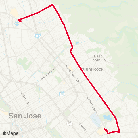 VTA Milpitas BART - Eastridge via White map