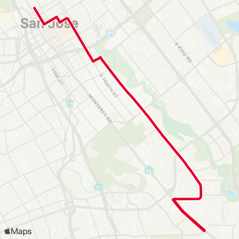 VTA Dtwn Sj - Senter & Monterey via Senter map