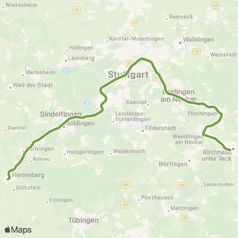 VVS Kirchheim (T) - Plochingen - Stuttgart - Herrenberg map
