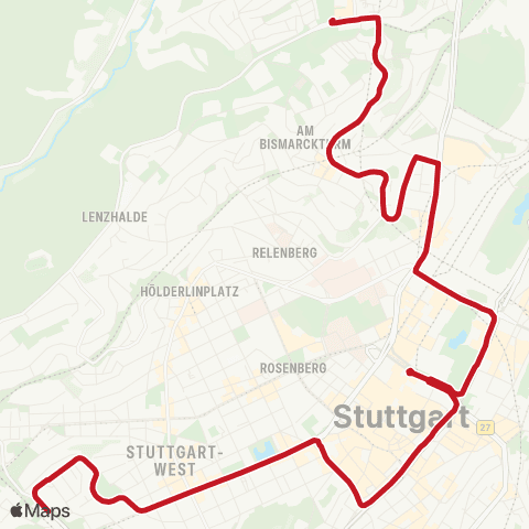 VVS Killesberg - Hauptbahnhof - Westbahnhof map