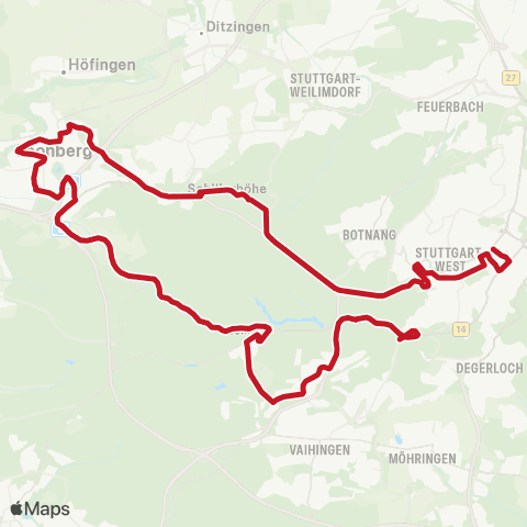 VVS Stuttgart Rotebühlplatz - Leonberg - Heslach Vogelrain map