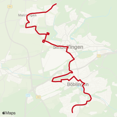 VVS Böblingen Diezenhalde - Reiterhof - Bahnhof - Flugfeld - Sindelfingen ZOB - Maichingen - Landhaussiedlung ( - Waldfriedhof) map