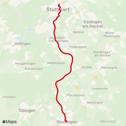 VVS Tübingen - / Reutlingen - Stuttgart (Schienenersatzverkehr) map