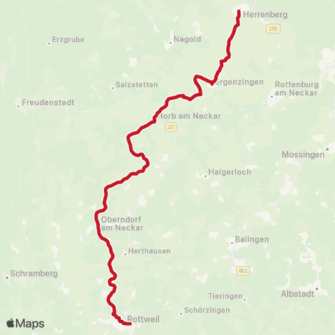 VVS Herrenberg - Rottweil (Schienenersatzverkehr) map