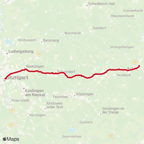 VVS Aalen - Schorndorf (Schienenersatzverkehr) map