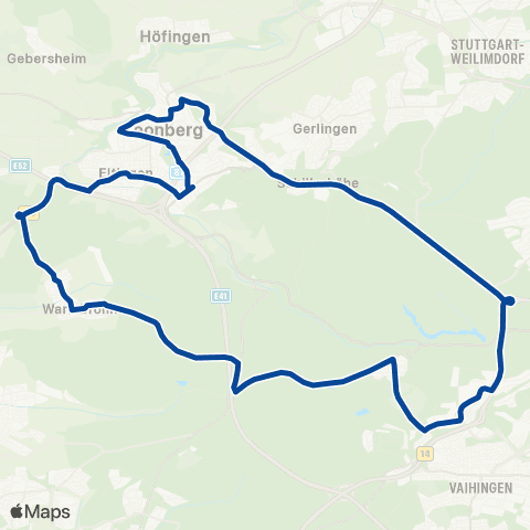 VVS Universität - Gerlingen Schillerhöhe - Leonberg Bf - Ramtel - Eltingen - Warmbronn - Universität map