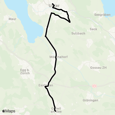 VZO - Verkehrsbetriebe Zürichsee und Oberland Uster, Bahnhof - Oetwil am See, Zentrum map