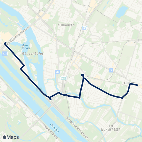 Wiener Linien Kaisermühlen V.I.C. - Aspern, Zachgasse Winterfahrplan map