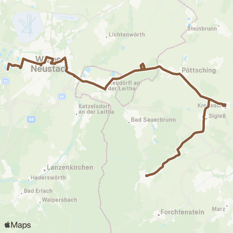 Verkehrsverbund Ost-Region Stadtverkehr Wiener Neustadt  Kleegasse - Neudörfl - Pöttsching - Wiesen-Sigleß Bf. map