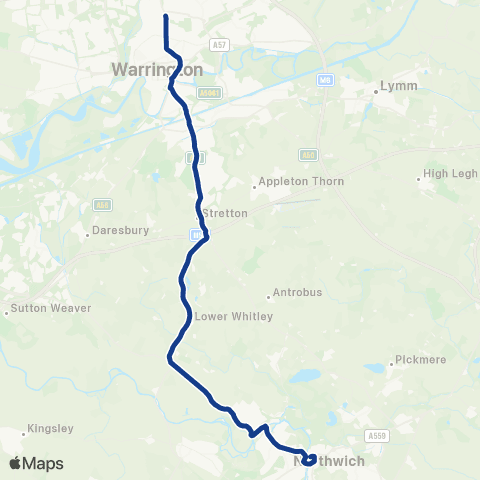 Warrington's Own Buses Warrington Vale Royal Coll - Northwich Bus Interchange map