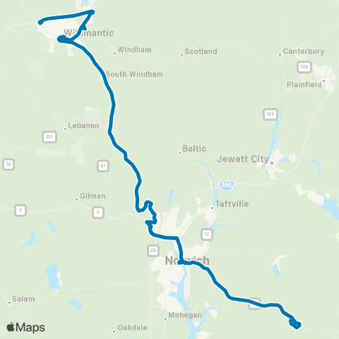WRTD (Windham Region Transit District) Willimantic - Norwich (Route 32) map