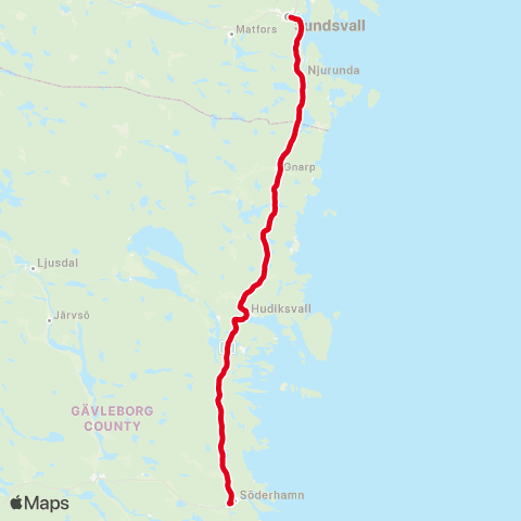 X-trafik Söderhamn Resecentrum — Sundsvall Centralstation map