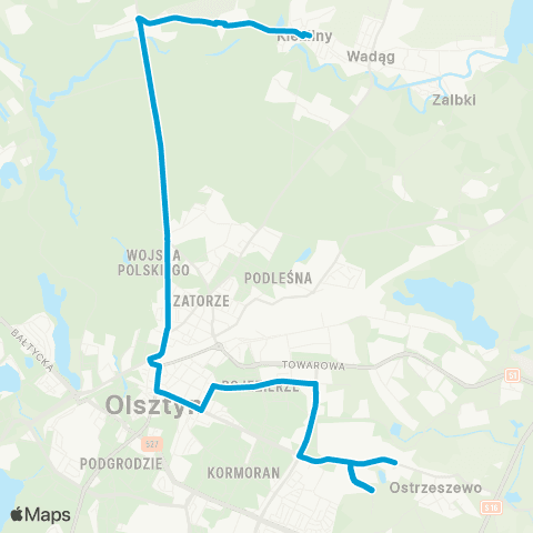 ZDZiT Olsztyn Zajezdnia MPK (Kołobrzeska)-Jakubowo (Wojska Polskiego) map