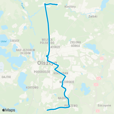 ZDZiT Olsztyn Osiedle Generałów (Wilczyńskiego)-Jakubowo (Wojska Polskiego) map