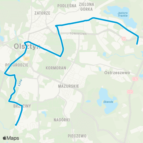 ZDZiT Olsztyn Brzeziny (Wawrzyczka)-Dworzec Główny (Dworcowa) map