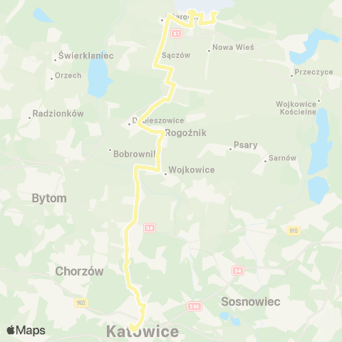 Zarząd Transportu Metropolitalnego GZM Pyrzowice Port Lotniczy (Katowice Airport) - Katowice Sądowa map