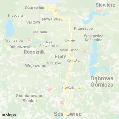 Zarząd Transportu Metropolitalnego GZM Pyrzowice Port Lotniczy (Katowice Airport) - Sosnowiec urząd Miasta map