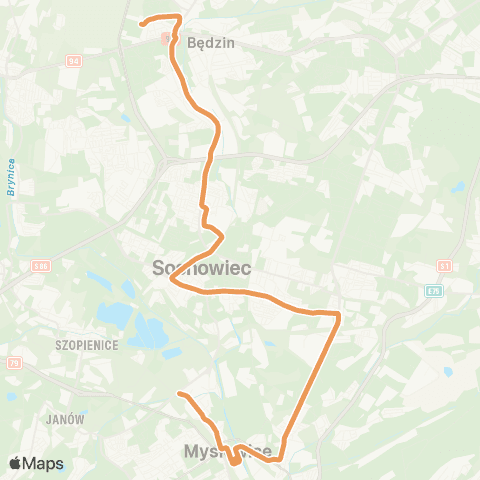 Zarząd Transportu Metropolitalnego GZM Mysłowice dworzec PKP - Mysłowice Obrzeżna północna map