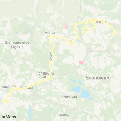 Zarząd Transportu Metropolitalnego GZM Będzin Kościuszki - Katowice dworzec map