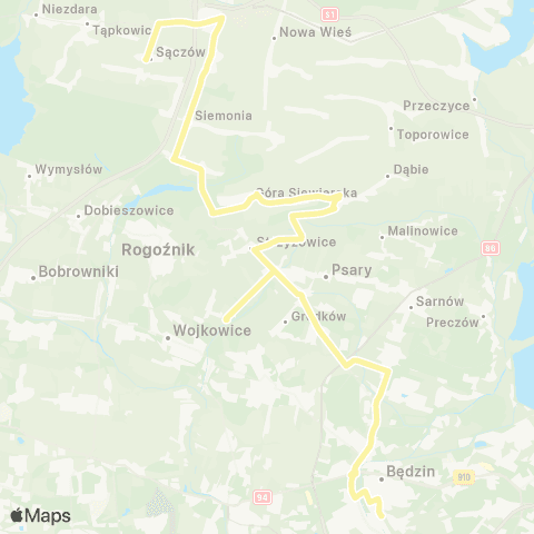 Zarząd Transportu Metropolitalnego GZM Będzin Kościuszki - Sączów Kościół map