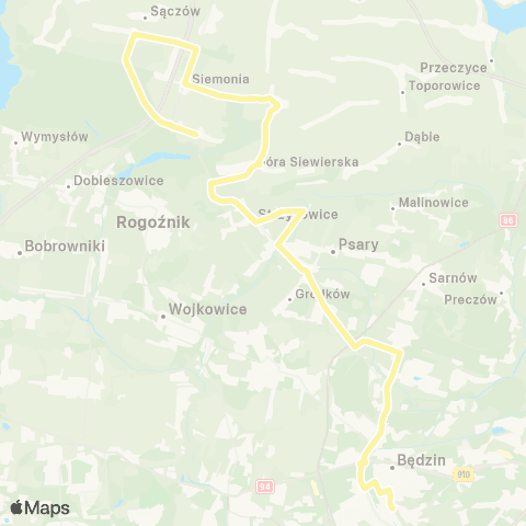 Zarząd Transportu Metropolitalnego GZM Będzin Kościuszki - Sączów Kościół map