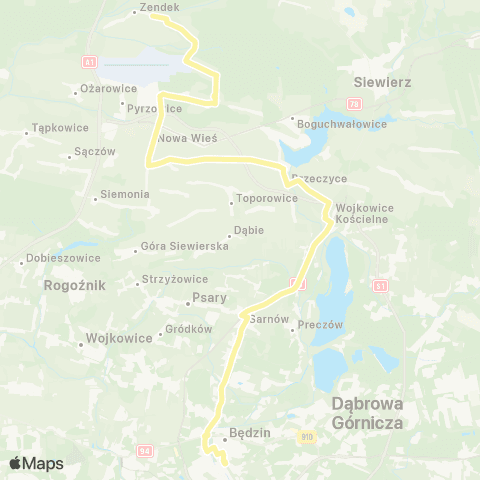 Zarząd Transportu Metropolitalnego GZM Mierzęcice Magazyny - Będzin Kościuszki map