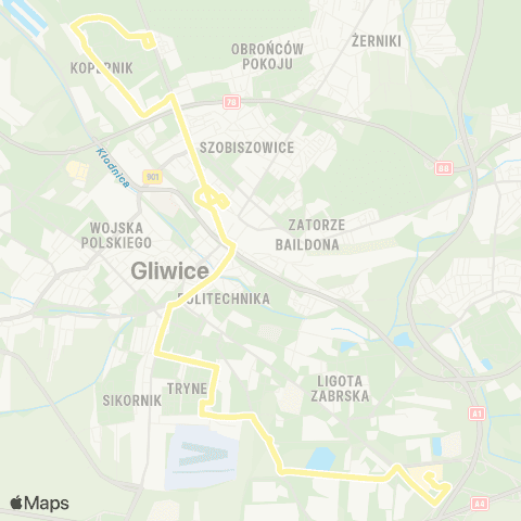 Zarząd Transportu Metropolitalnego GZM Osiedle Kopernika pętla - Gliwice Europa Centralna map