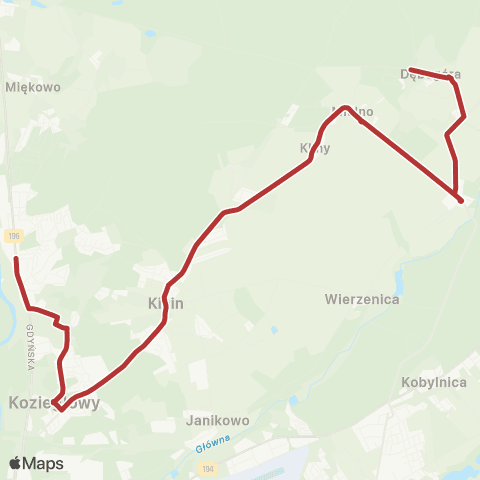 ZTM Poznań Dębogóra Dąbrówki - Czerwonak PKM|Czerwonak PKM - Dębogóra Dąbrówki map
