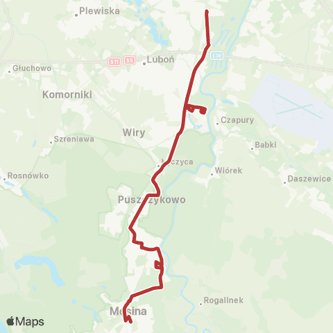 ZTM Poznań Dębiec PKM - Mosina Dworzec Kolejowy|Mosina Dworzec Kolejowy - Dębiec PKM map